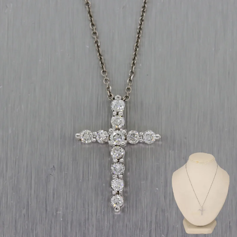 Sapphire Necklace for Women-Modern 14k White Gold 0.60ctw Diamond Cross 16" Necklace