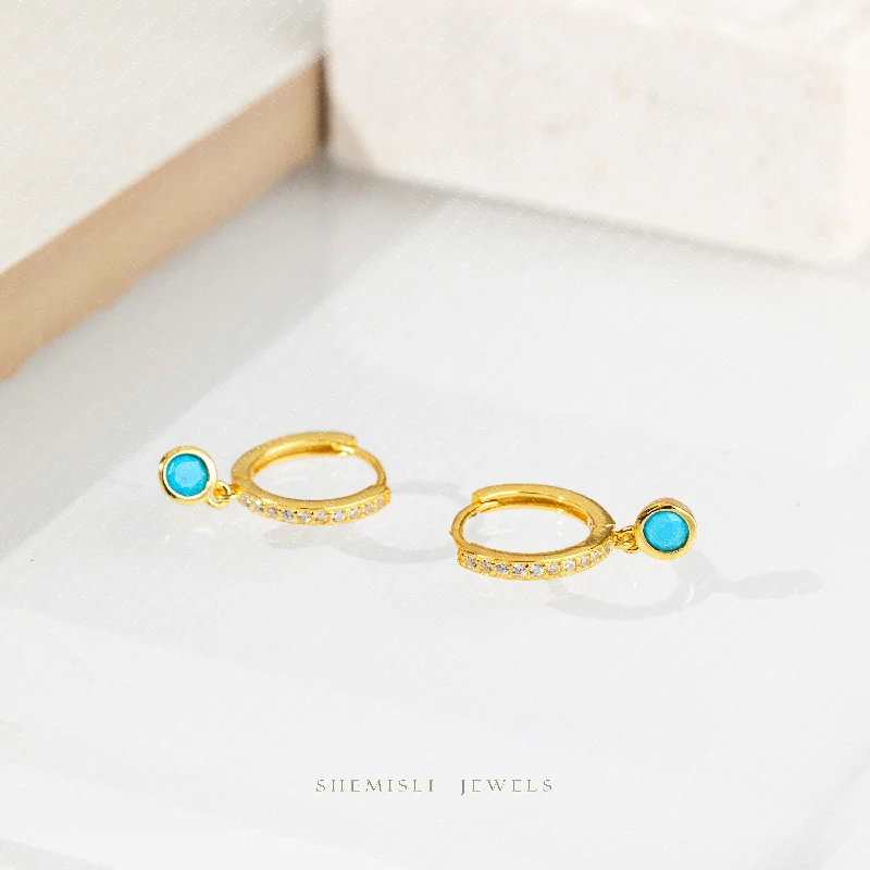 Sparkling Gold Earrings-Turquoise CZ Hoop Earrings, Huggies, Gold, Silver SHEMISLI SH202