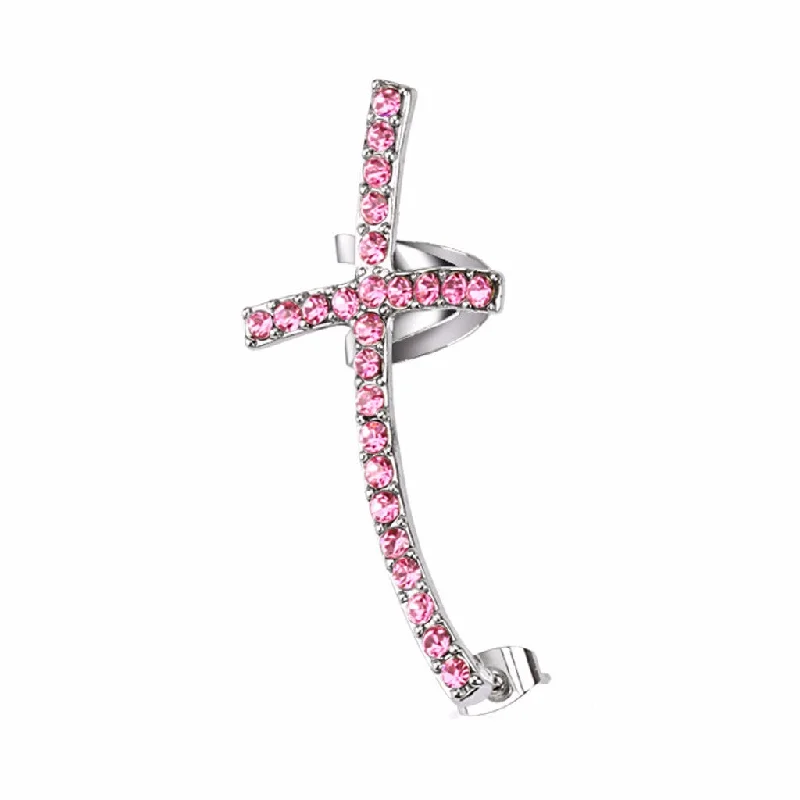 Elegant Earrings for Special Occasions-Cross Pink CZ Paved Ear Cuff Stainless Steel with post back bottom- Right side only