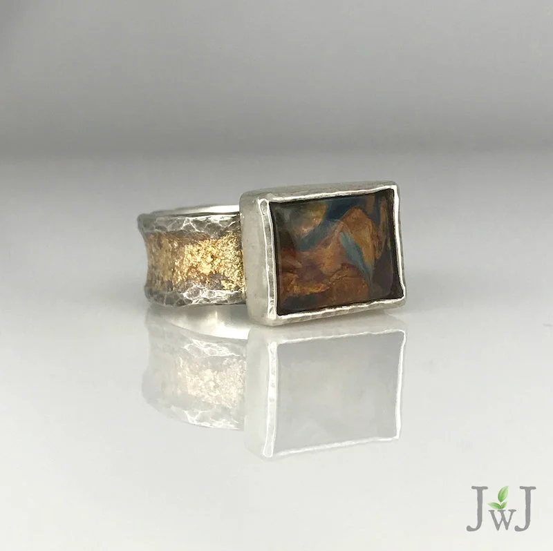 Men's Ring with Diamonds-Pietersite Gold dusted Ring