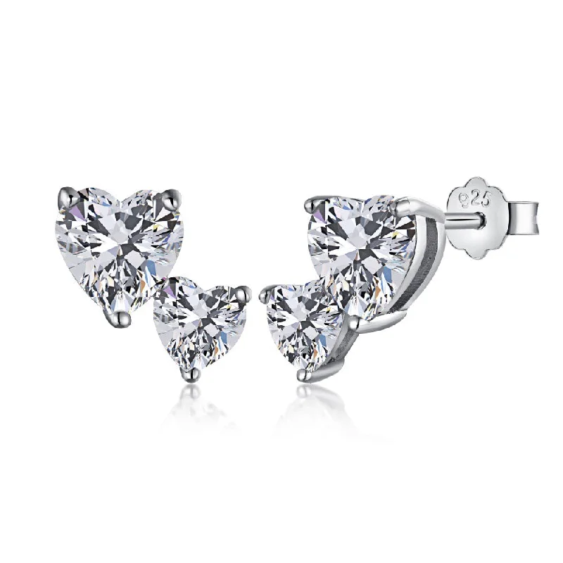 Simple Hoop Earrings for Brides-Double Heart Diamond Earrings | S925 | CZ