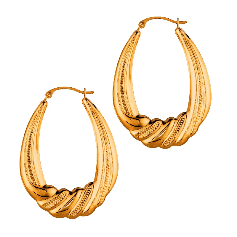 High-End Wedding Earrings-14K Yellow Gold Textured Oval Shape Hoop Earrings, Length 35mm