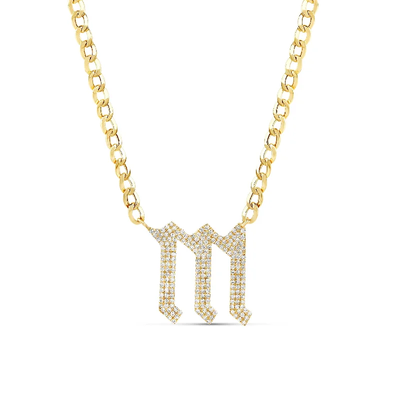 Gold Necklace with Ruby-Pave Gothic Initial Cuban Link Necklace