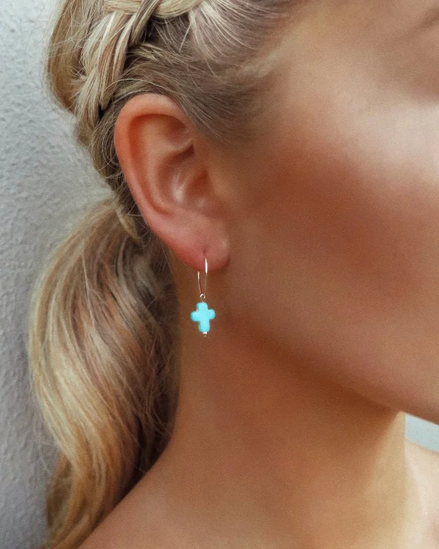 Pearl Earrings for Bride-Turquoise Cross Hoop Earrings