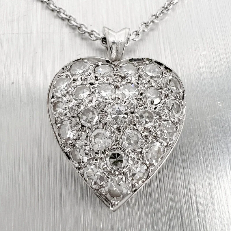 Gold Necklace with Amethyst-14k White Gold Single Cut Diamond Pave Heart Pendant Necklace 0.45ctw 16"