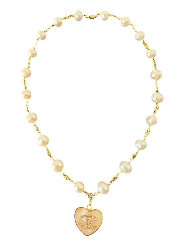 Vintage Gold Necklace-CC Large Pearl Heart Necklace