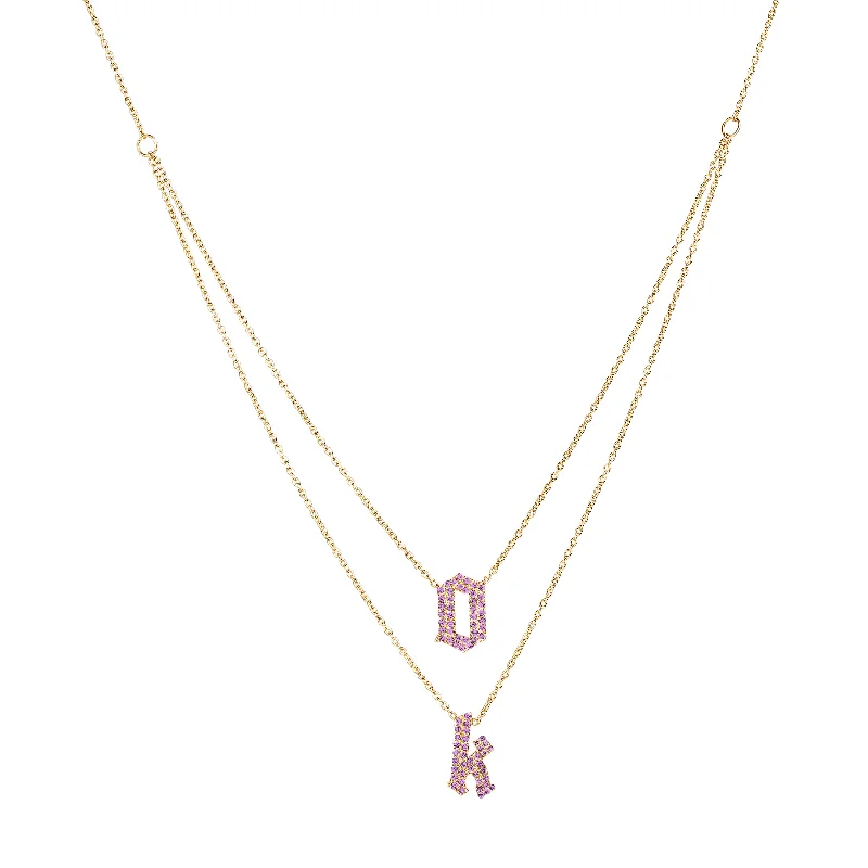 Layered Necklace for Women-Layered Birthstone Pave Gothic Initials Necklace