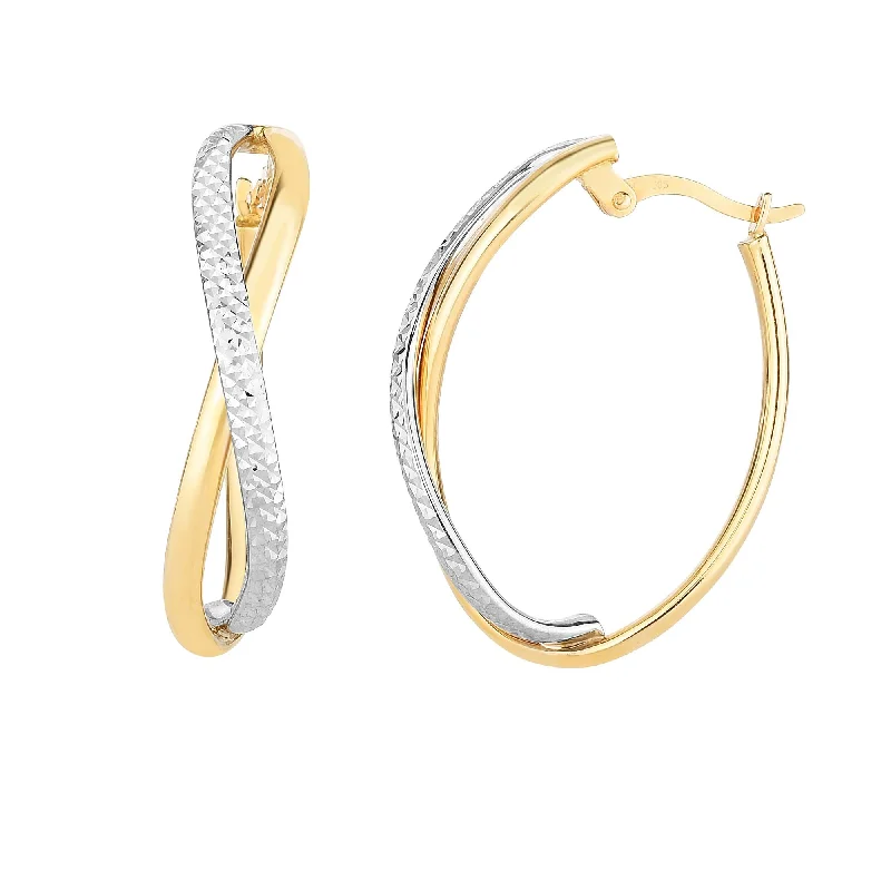 Statement Earrings for Evening-14K Yellow And White Gold Diamond Cut Two Tone Infinity Oval Hoop Earrings