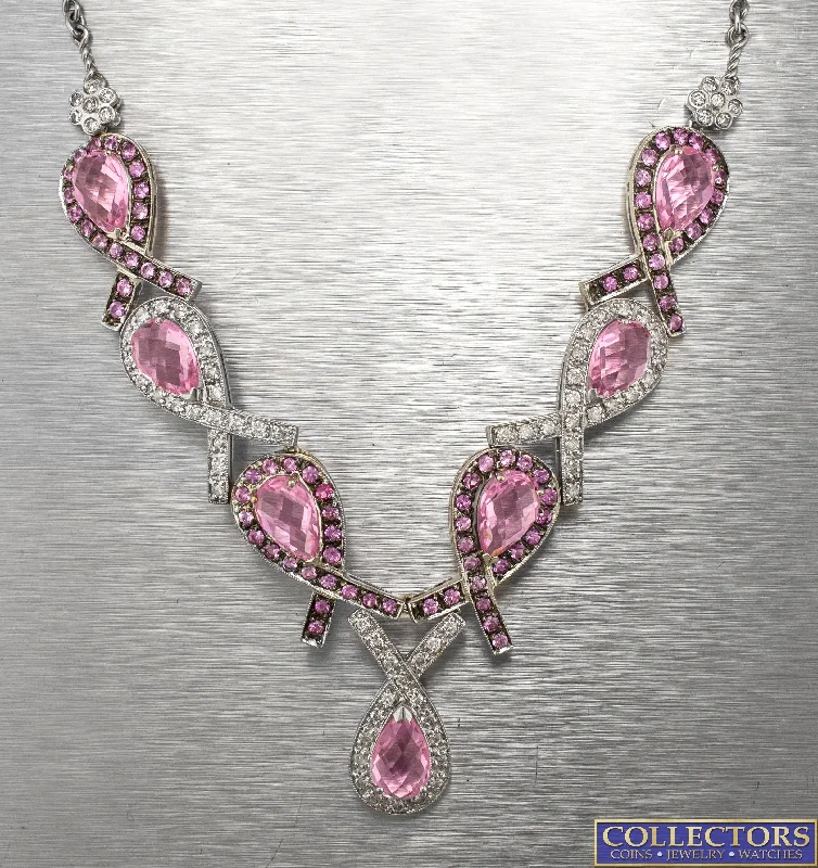 Sparkling Crystal Necklace-Ladies 14K Gold 22.30ctw Pink Sapphire Diamond Ribbon Breast Cancer Necklace