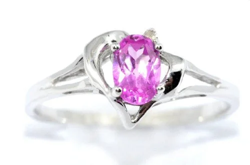 Silver Engagement Ring Set-0.50 Ct Pink Sapphire & Diamond Oval Heart Ring .925 Sterling Silver Rhodium Finish