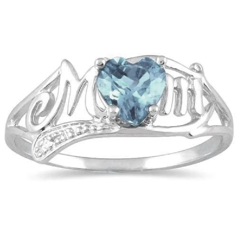 Diamond Wedding Band for Bride-.50 Ct Genuine Aquamarine & Diamond Heart Mom Ring .925 Sterling Silver