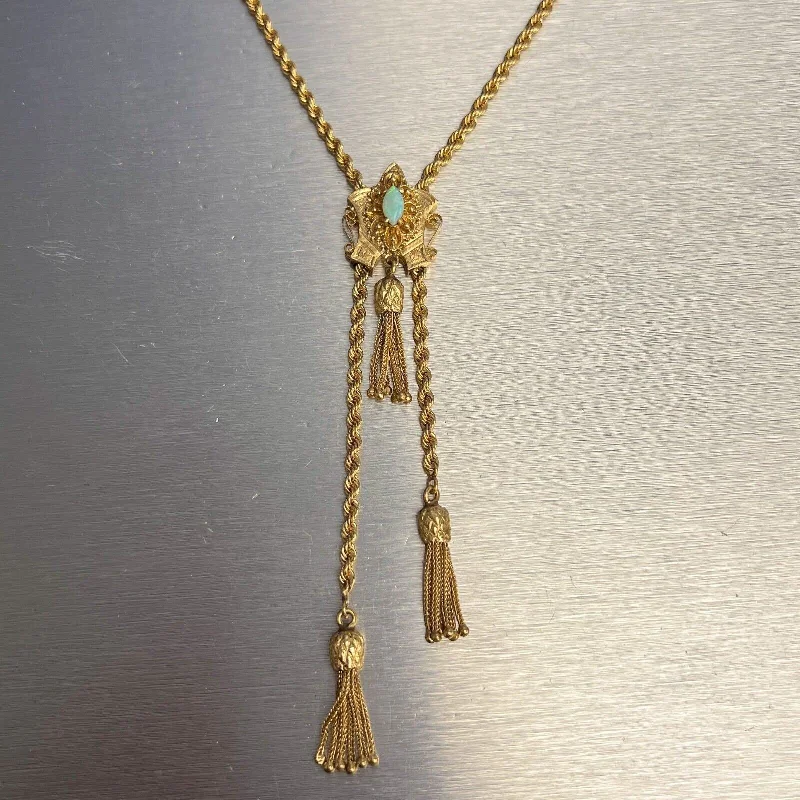 Fashionable Pendant Necklace-Antique Victorian 14k Gold Marquise Opal Dangling Tassel Slider Necklace 24" 36g