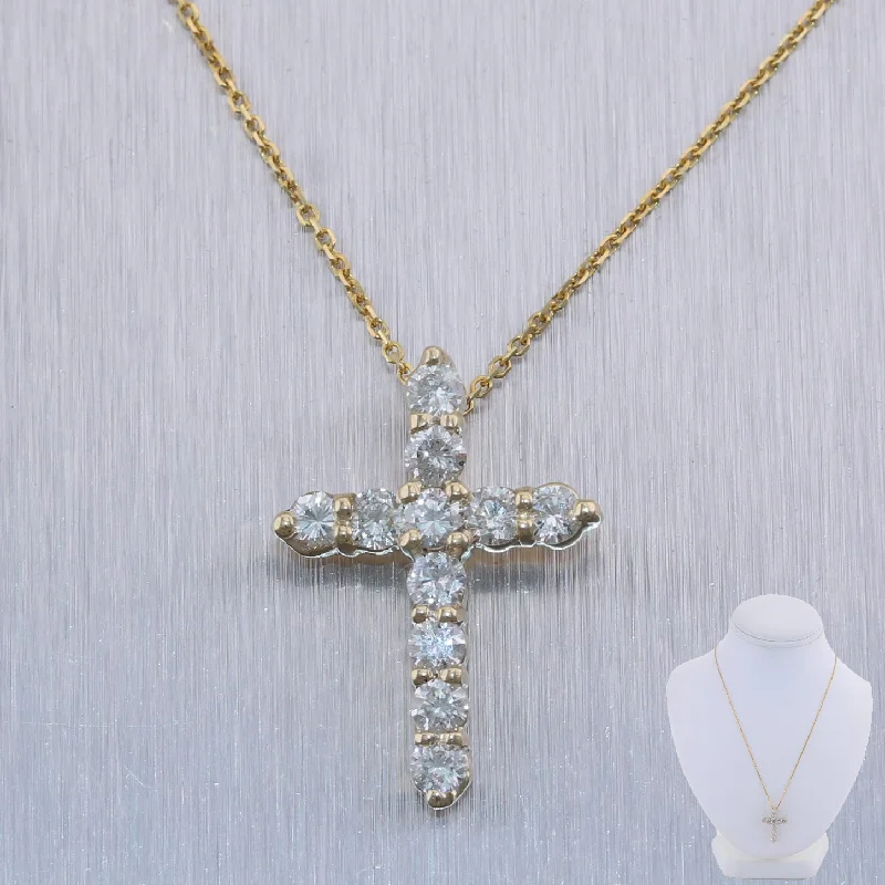 Long Beaded Necklace-Modern 14k Yellow Gold 1.20ctw Diamond Cross 19.5" Necklace