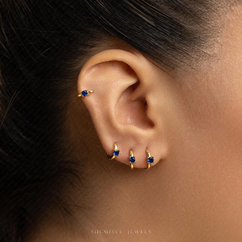 Colorful Drop Earrings-Tiny Sapphire CZ Stone Helix Hoop Earrings, Unisex, Gold, Silver SHEMISLI SH646, SH647, SH648, SH649