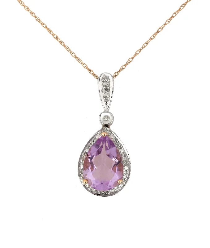 Sparkling Gold Necklace-Modern 14K Rose Gold 13x8mm Amethyst Pear Cut 0.14ctw Diamond Pendant Necklace