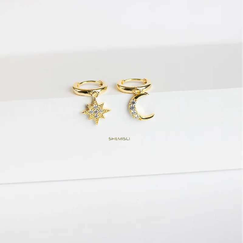 Elegant Pearl Stud Earrings-Mismatched Star Moon CZ Drop Hoop Earrings, Huggies, Gold, Silver SHEMISLI SH111