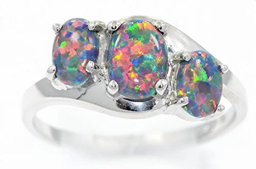 Custom Diamond Ring for Bride-6mm Black Opal Oval Ring .925 Sterling Silver Rhodium Finish