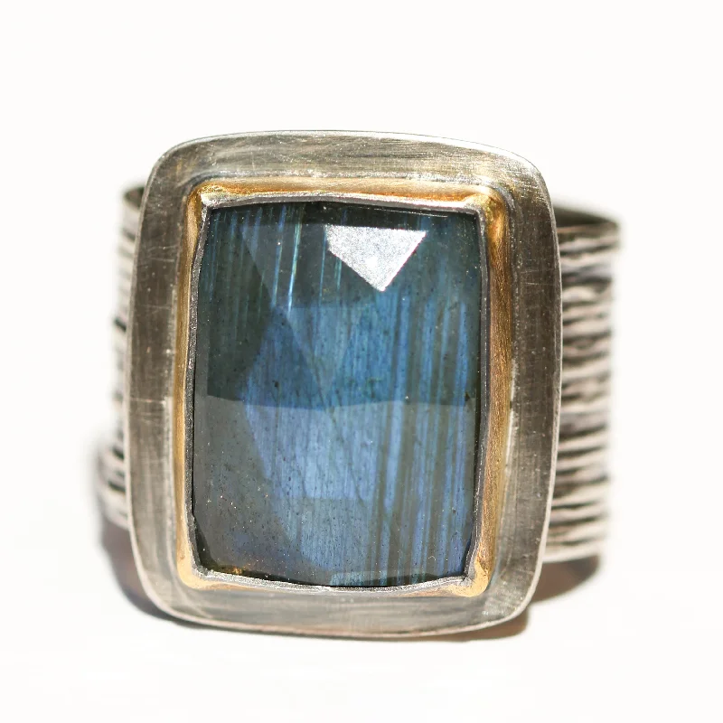 Birthstone Engagement Ring-Rectangular Labradorite Ring with Wide Band