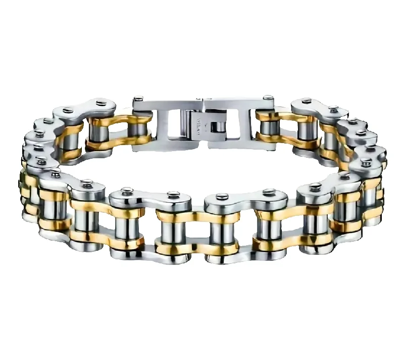 Personalized Silver Bracelet with Diamonds-Stainless Steel Silver & Gold 12mm Motorcycle Chain Bracelet