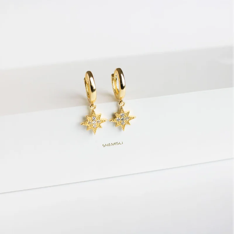 Round Diamond Earrings-Star Paved Hoop Earrings, CZ Drop Huggies, Gold, Silver SHEMISLI SH109