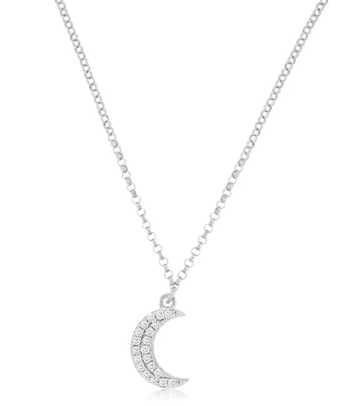 Fashionable Necklace for Women-14k white gold small crescent moon with diamonds 18"