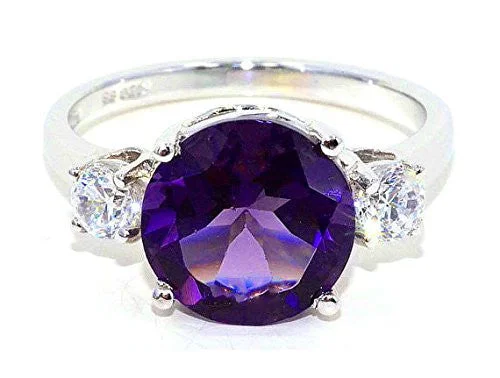 Rose Gold Engagement Ring-4 Ct Amethyst & White Topaz Round Ring .925 Sterling Silver Rhodium Finish