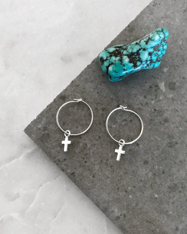 Designer Earrings for Women-Small Cross Hoop Earrings  - Sterling Silver