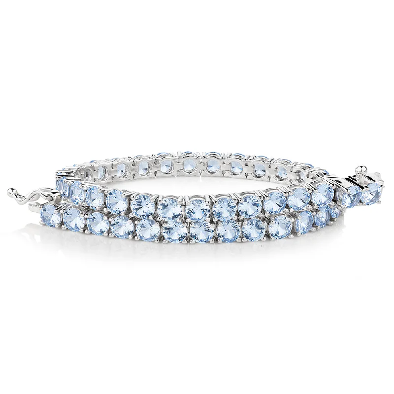 Personalized Birthstone Bracelet-Round Brilliant tennis bracelet with aquamarine simulants in sterling silver