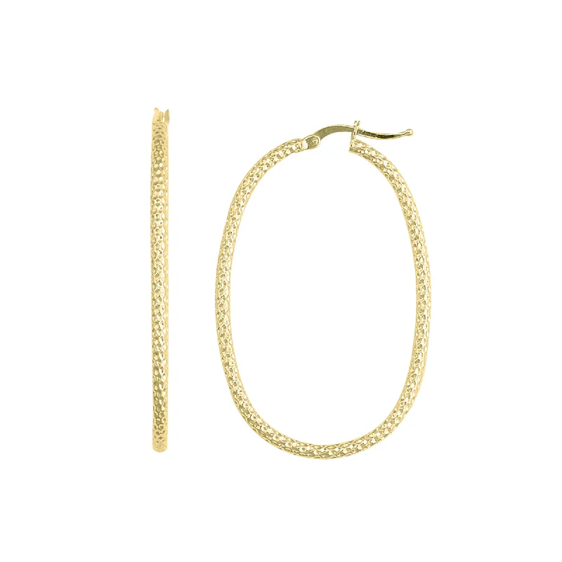 Chic Hoop Earrings-14K Yellow Gold Shiny Oval Shape Textured Hoop Earrings