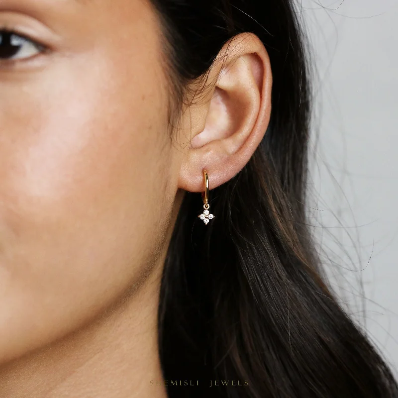 Statement Earrings for Weddings-4 leaf Clover CZ Drop Hoop Earrings, Flower Dangle Huggies, Unisex, Gold, Silver SHEMISLI SH100, SH541, SH542, SH543, SH544