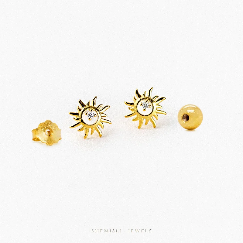 Colorful Stud Earrings-Tiny CZ Sun Studs Earrings, Starburst Studs, Unisex, Gold, Silver SHEMISLI SS031 Butterfly End, SS795 Screw Ball End (Type A)