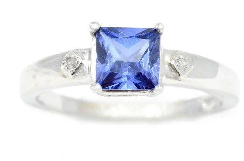 Stylish Engagement Ring-1 Ct Tanzanite & Diamond Princess Cut Ring .925 Sterling Silver Rhodium Finish