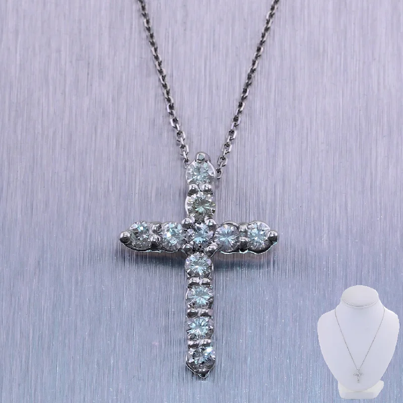 Classic Wedding Necklace-Modern 14k White Gold 1.20ctw Diamond Cross 20" Necklace