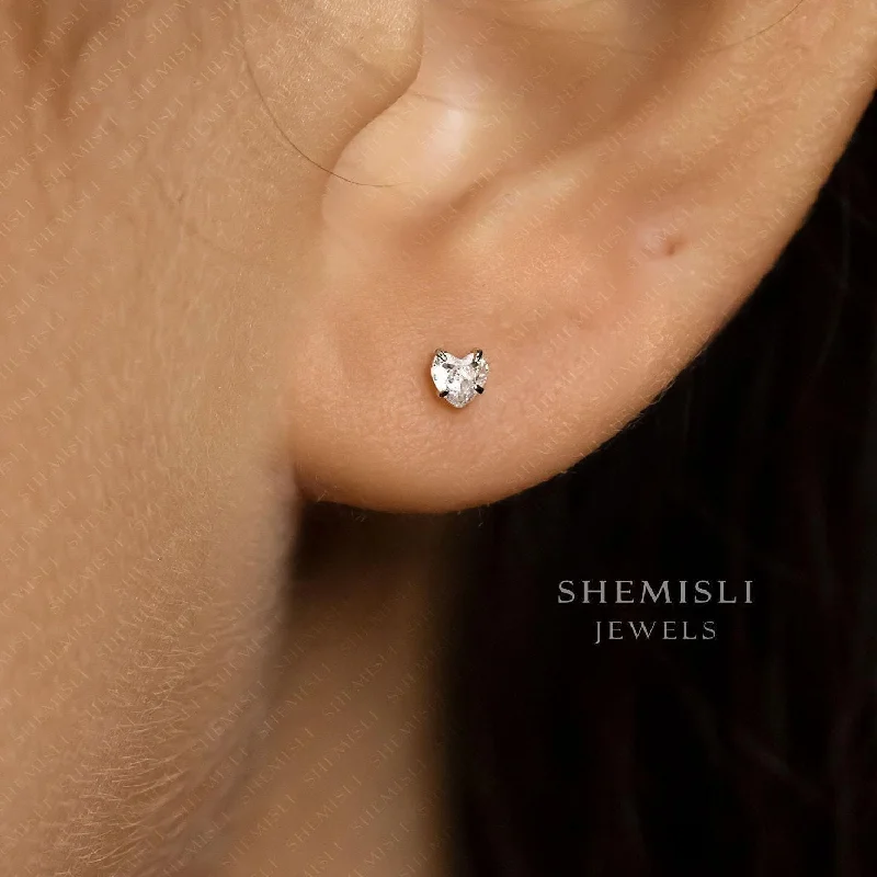 Cute Stud Earrings for Weddings-Tiny Heart Shape Stone Earrings, Super Dainty Diamond Stud, Unisex, Sterling Silver SHEMISLI SS364