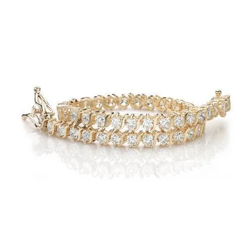 Dainty Silver Bracelet-Round Brilliant tennis bracelet with 5.94 carats* of diamond simulants in 10 carat yellow gold