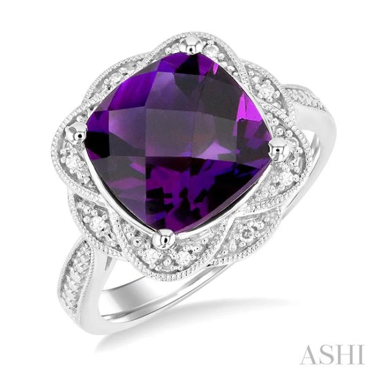 Custom Vintage Engagement Ring-1/20 ctw Cushion Shape 10X10 MM Amethyst and Round Cut Diamond Semi Precious Ring in Sterling Silver