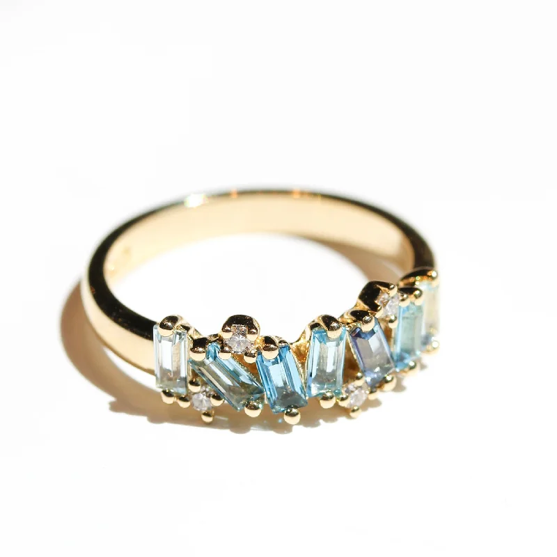 Simple Gold Wedding Band-Ombré Blue Topaz Fireworks Ring