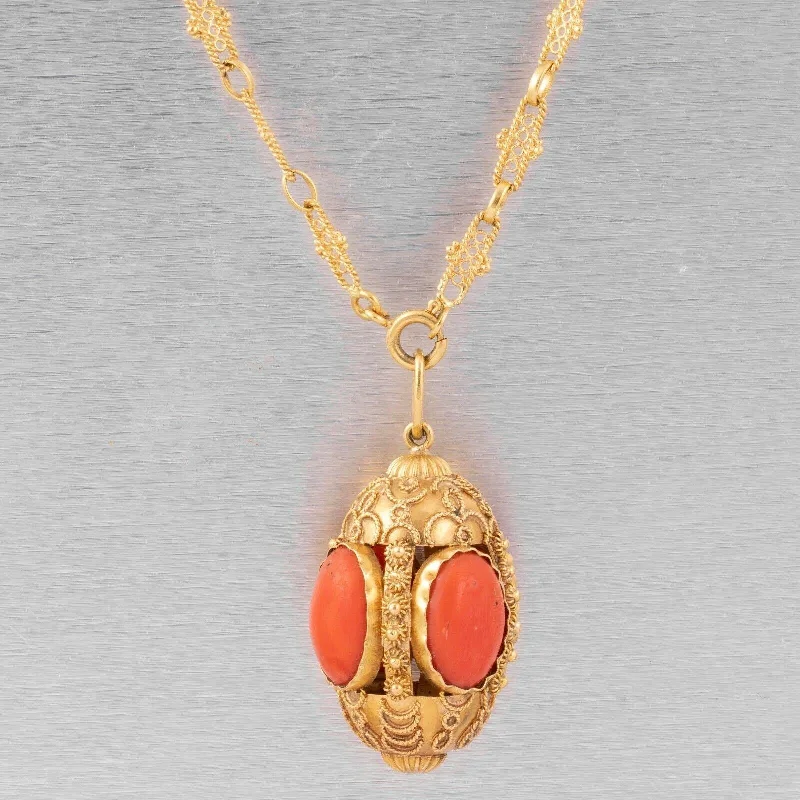 Elegant Wedding Jewelry Necklace-Antique Victorian Etruscan Revival 18k Yellow Gold Coral Pendant Necklace 36.5"