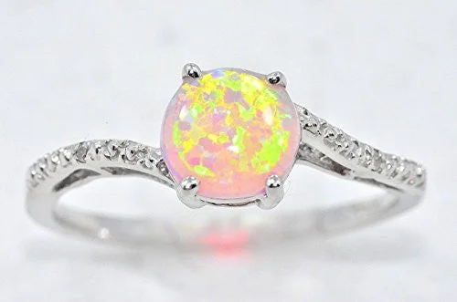 Custom Ruby Engagement Ring-7mm Pink Opal & Diamond Round Ring .925 Sterling Silver Rhodium Finish