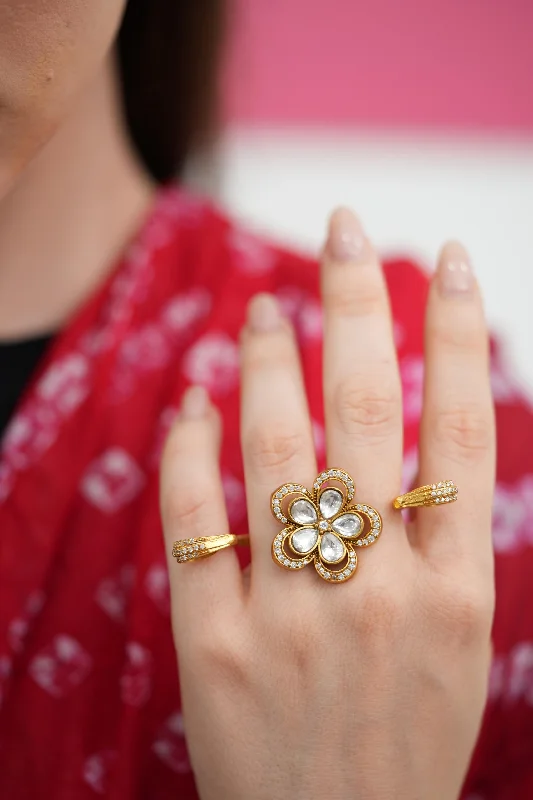 Stylish Engagement Ring-Atika Phool Dramatic 3 Finger Polki Ring