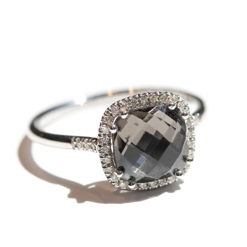 Custom Silver Engagement Ring-Black Night Topaz Cushion Halo Ring