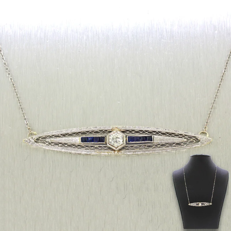 Luxury Wedding Necklace-1920s Antique Art Deco 14k Gold 0.25ct Diamond & Sapphire Bar Necklace