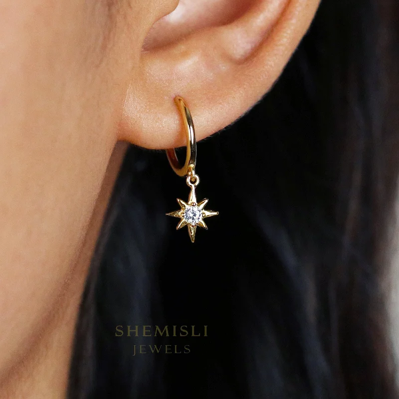 Chic Dangle Earrings-Star Hoop Earrings, CZ Drop Huggies, Unisex, Gold, Silver SHEMISLI SH112