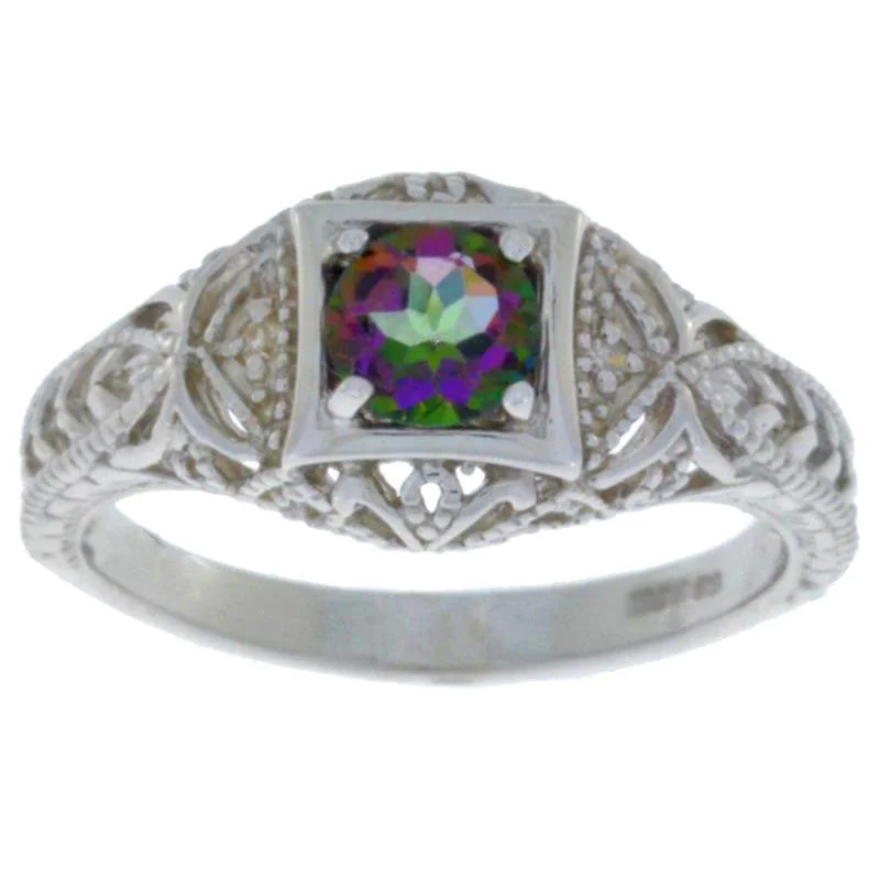 Luxury Engagement Ring Set-0.50 Ct Mystic Topaz & Diamond Round Ring .925 Sterling Silver