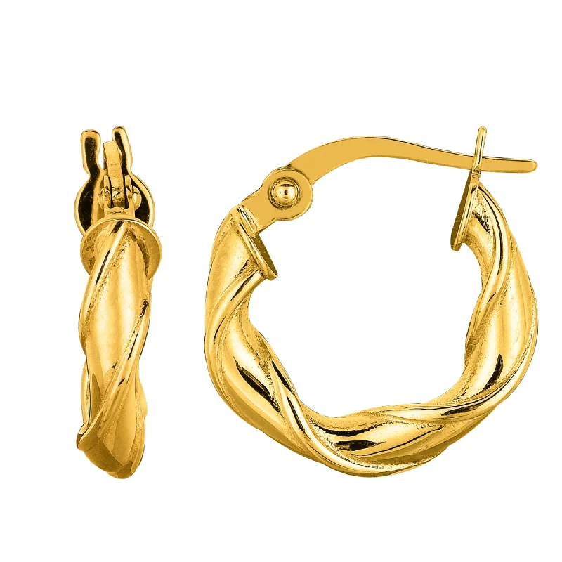 Unique Wedding Earrings-14K Yellow Gold Round Type Twisted Hoop Earrings, Diameter 15mm