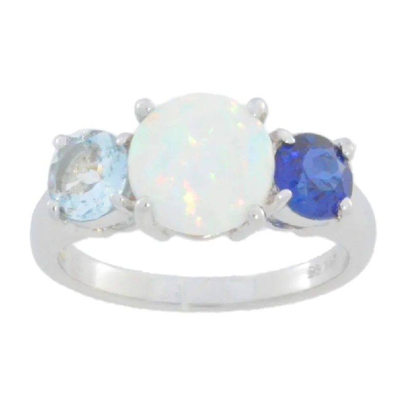 Elegant Wedding Band with Diamonds-Opal Blue Sapphire & Aquamarine Ring .925 Sterling Silver