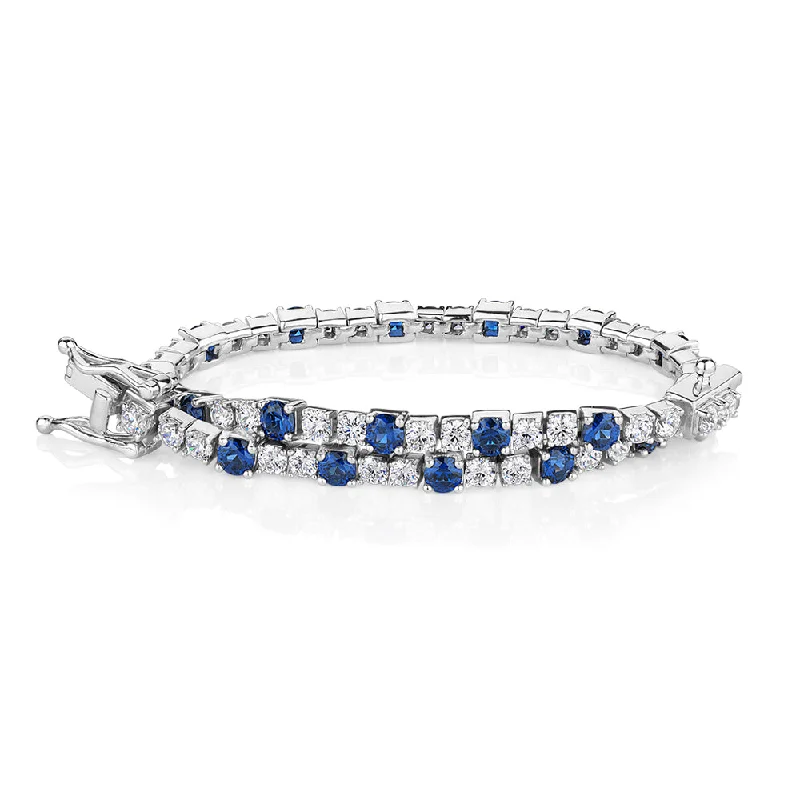 Elegant Silver Wedding Bracelet-Round Brilliant tennis bracelet with sapphire simulants and 3.28 carats* of diamond simulants in sterling silver