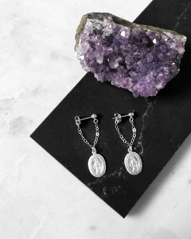 Funky Earrings for Teens-Miraculous Medal Short Chain Stud Earrings - Sterling Silver