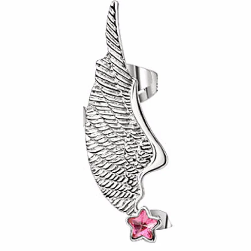 Crystal Earrings for Women-Angel Wing Ear Cuff with Pink Star CZ Stud Stainless Steel Earring- left only