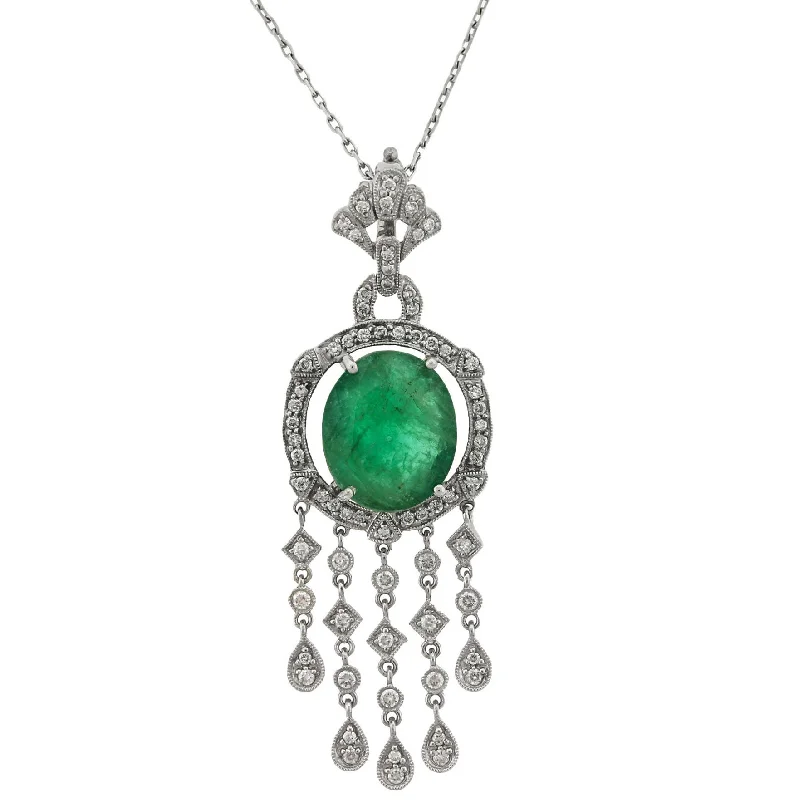 Bohemian Necklace with Stones-Ladies Vintage Estate 18K White Gold 6.63ctw Emerald Diamond Dangling Necklace